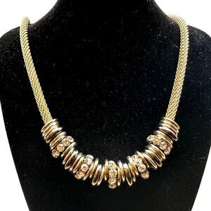 Gold Tone Mesh Statement Necklace with Rhinestone Spacer Beads